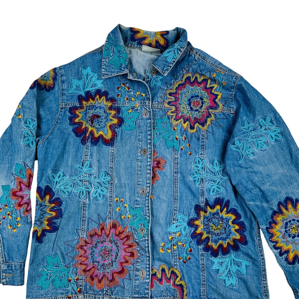 Chicos Design Blue Denim Jacket Floral Embroidered Beaded Size 2 Large